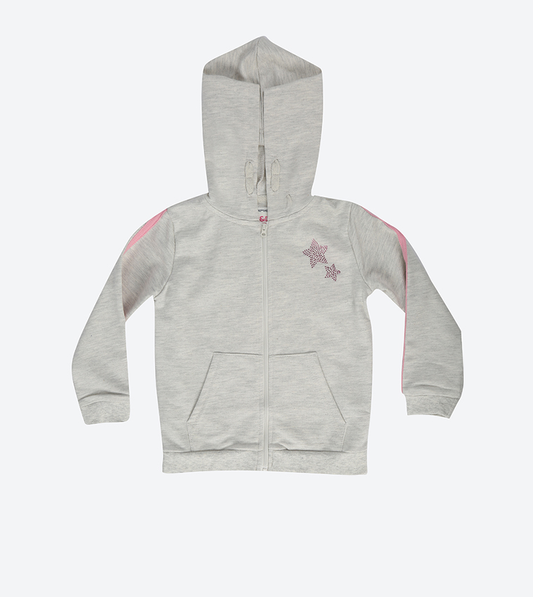 Ribbed Long Sleeve Hooded Sweatshirt - Grey