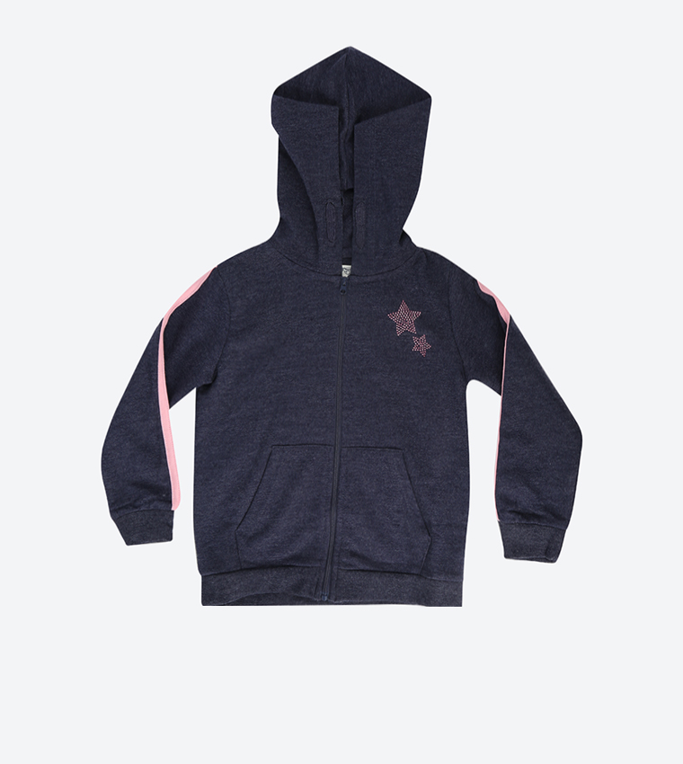 Navy Ribbed Long Sleeve Hooded Sweatshirt