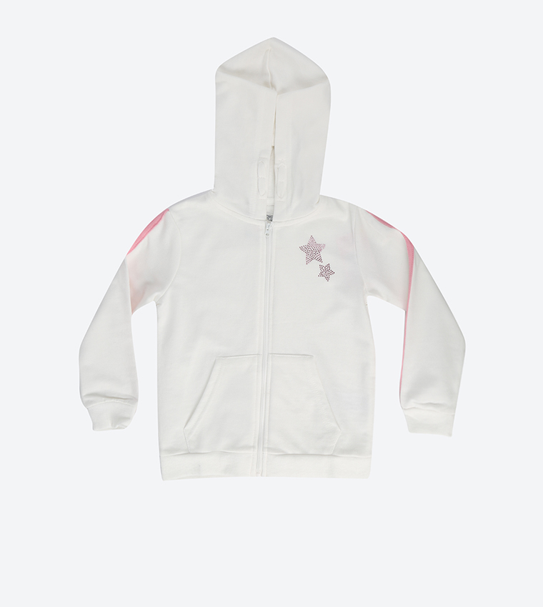 Ribbed Long Sleeve Hooded Sweatshirt - White
