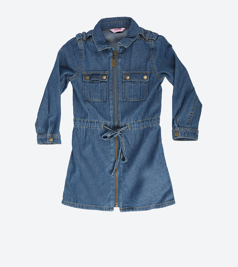 Long Sleeve Collared Dress - Blue