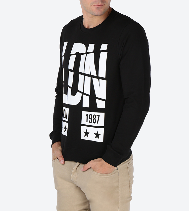 Text Printed Round Neck Sweater - Black
