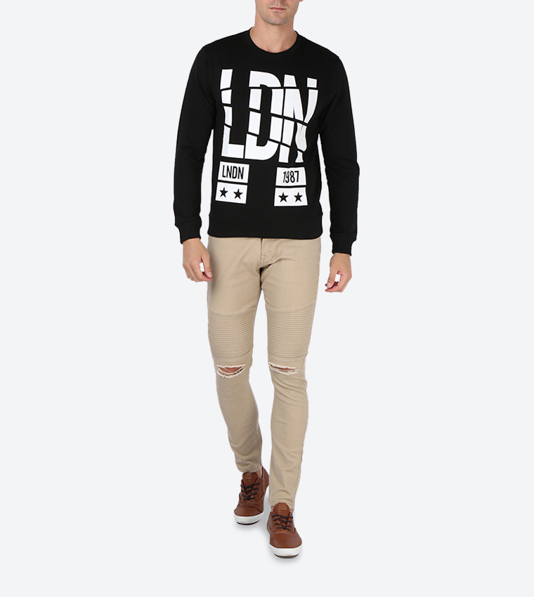 Text Printed Round Neck Sweater - Black