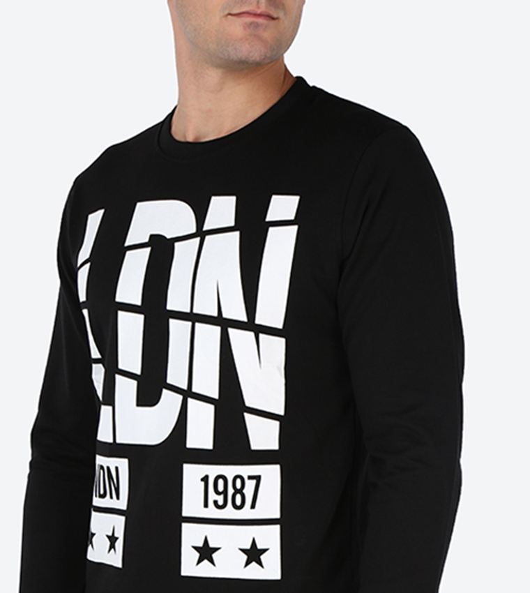 Text Printed Round Neck Sweater - Black