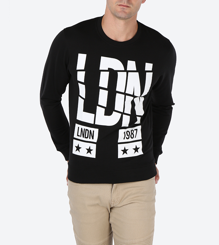 Text Printed Round Neck Sweater - Black