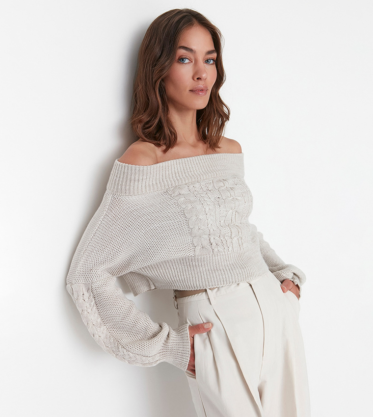 Cable knit off shoulder sweater best sale