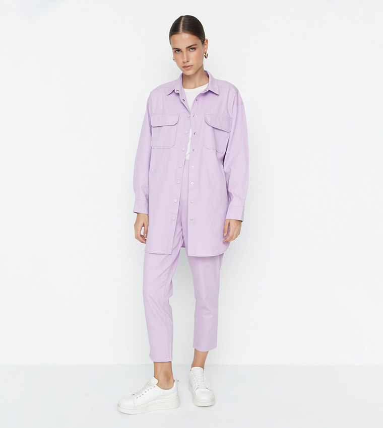 Shirt Collar Pocket Detailed Snap Closure Woven Bottom And Top Co-Ord Set