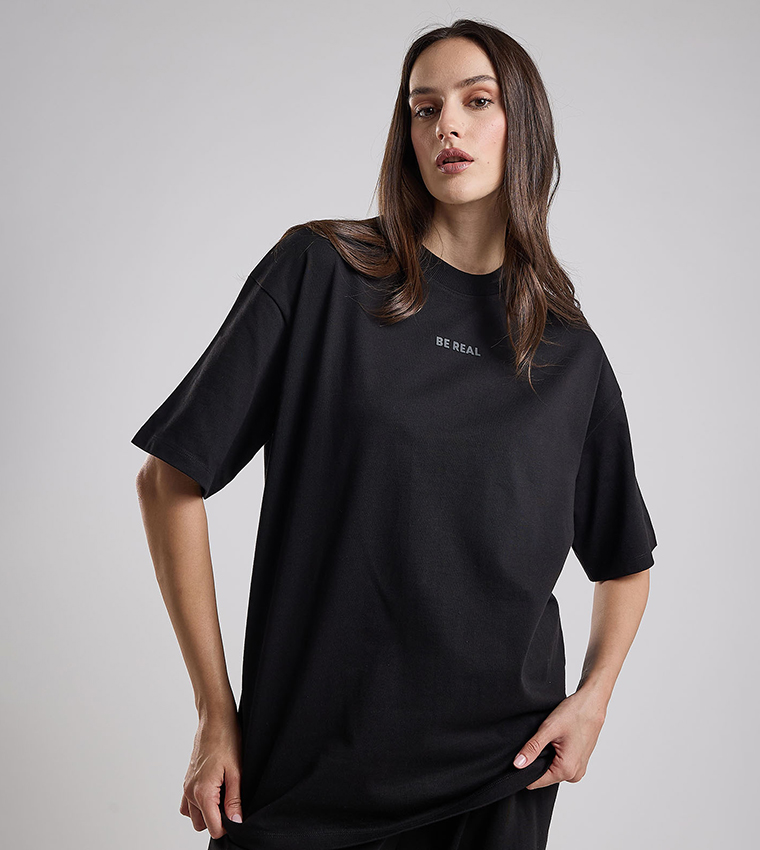 Print Detail Oversized T-Shirt with Crew Neck and Short Sleeves