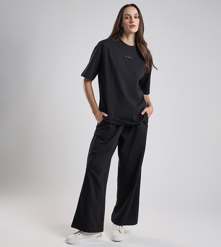 Print Detail Oversized T-Shirt with Crew Neck and Short Sleeves
