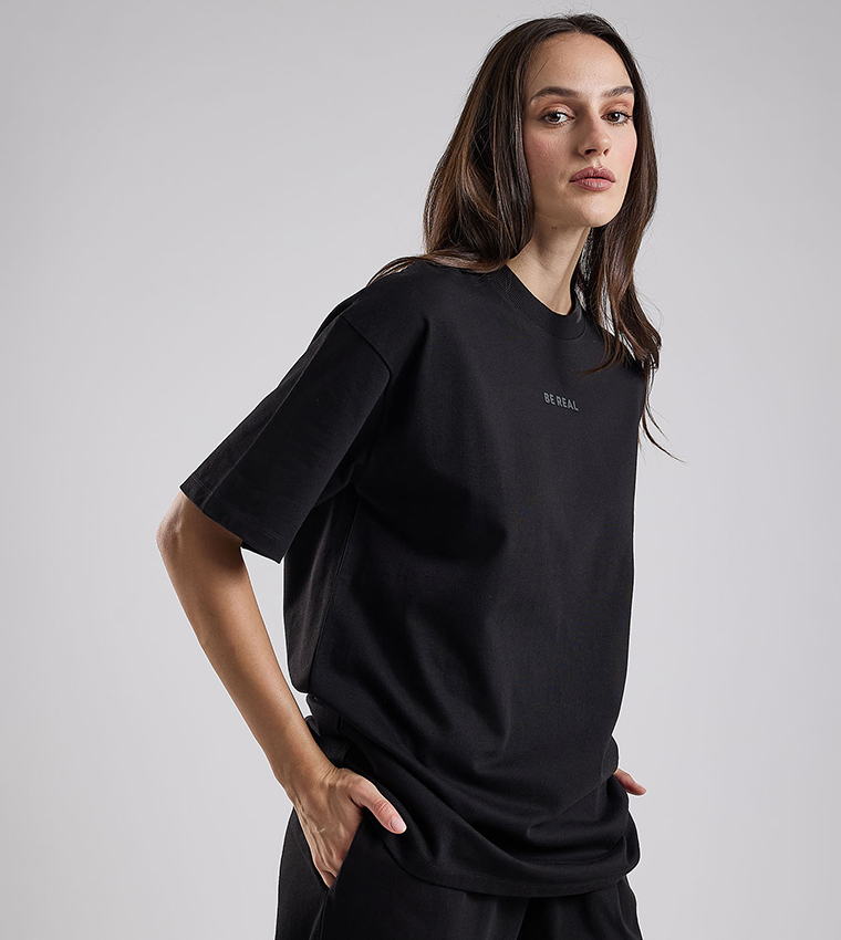 Print Detail Oversized T-Shirt with Crew Neck and Short Sleeves