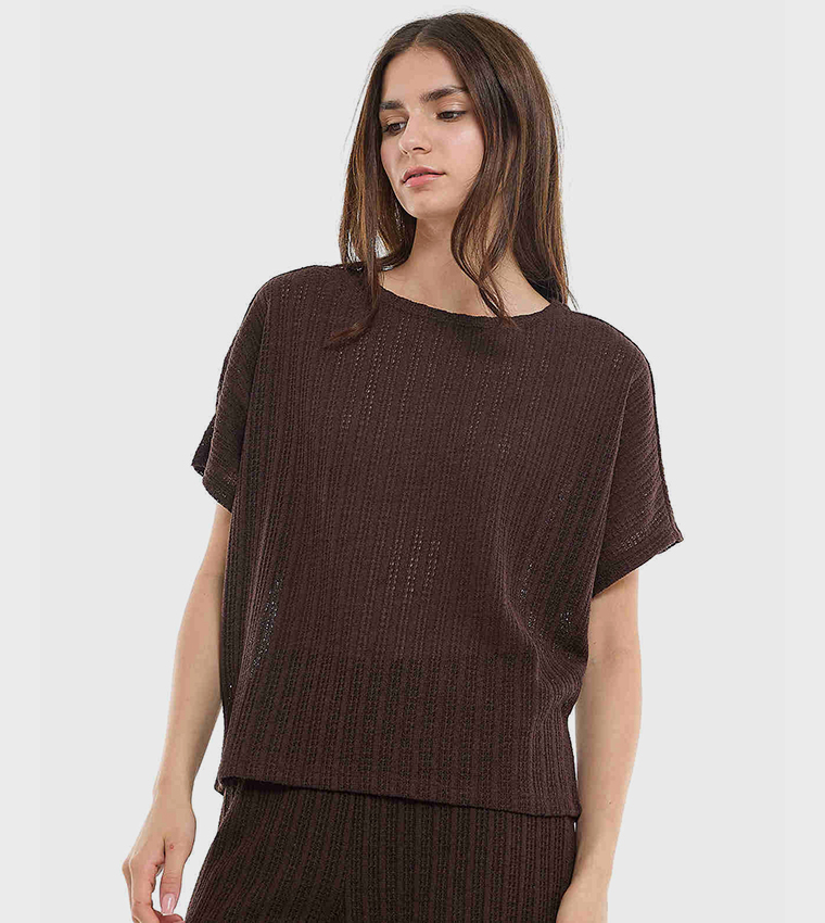 Openwork Top with Crew Neck and Short Sleeves