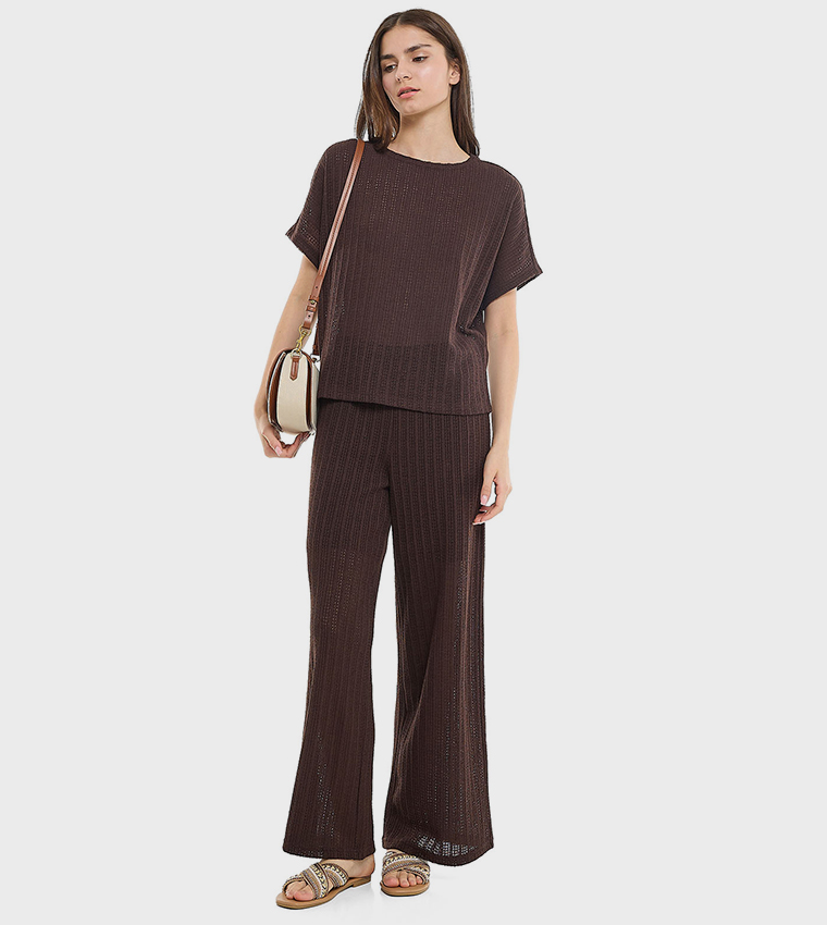 Openwork Top with Crew Neck and Short Sleeves
