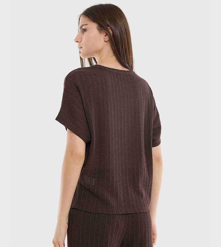 Openwork Top with Crew Neck and Short Sleeves