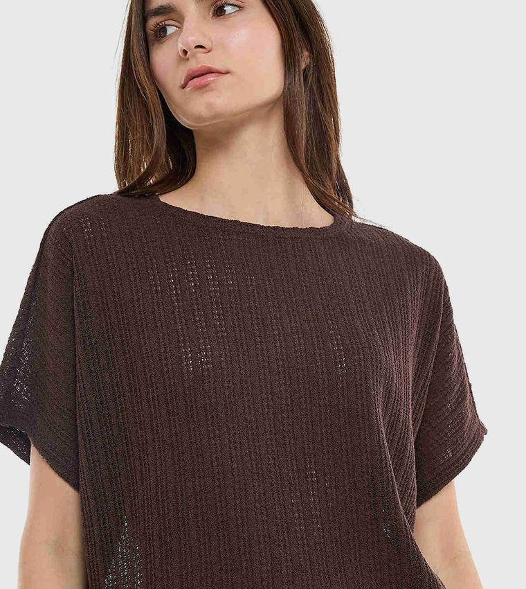 Openwork Top with Crew Neck and Short Sleeves