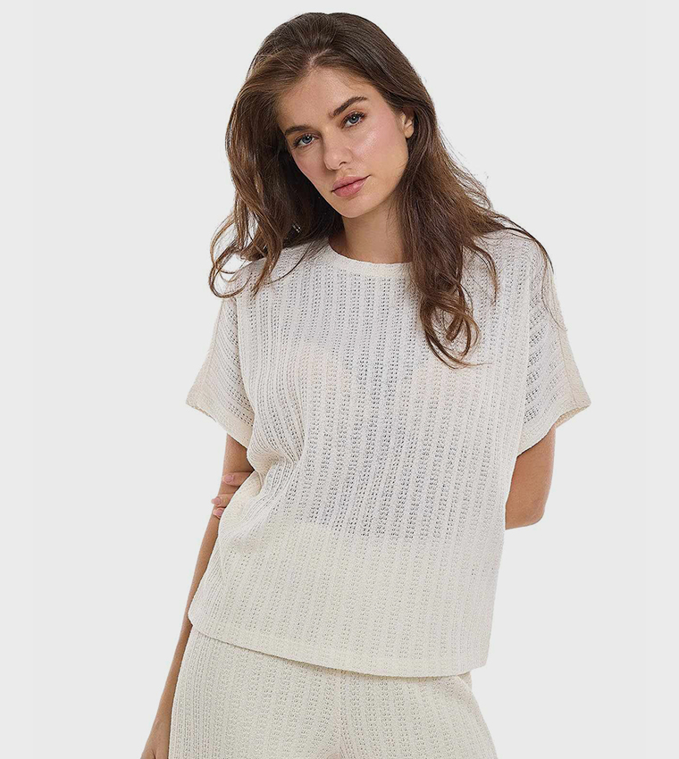 Openwork Top with Crew Neck and Short Sleeves