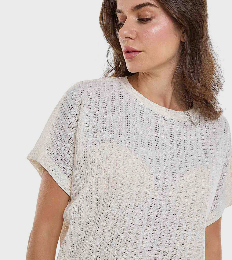 Openwork Top with Crew Neck and Short Sleeves