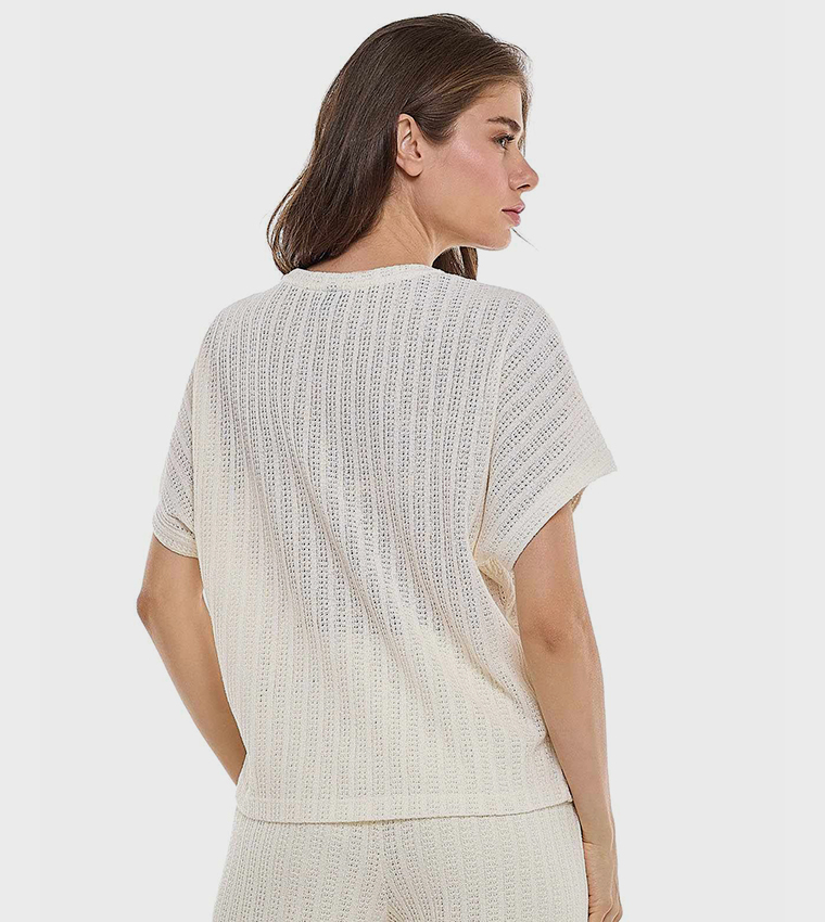 Openwork Top with Crew Neck and Short Sleeves