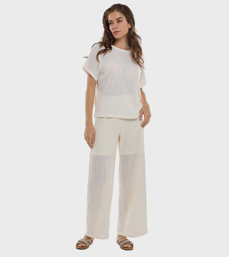 Openwork Top with Crew Neck and Short Sleeves