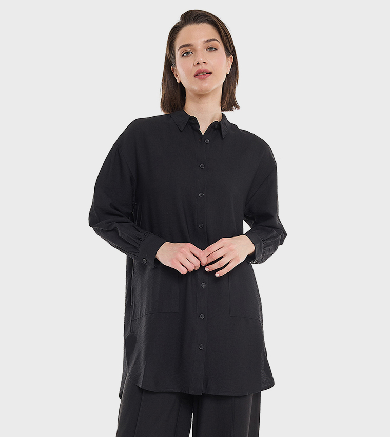 Crinkled Tunic with Classic Collar and Long Sleeves