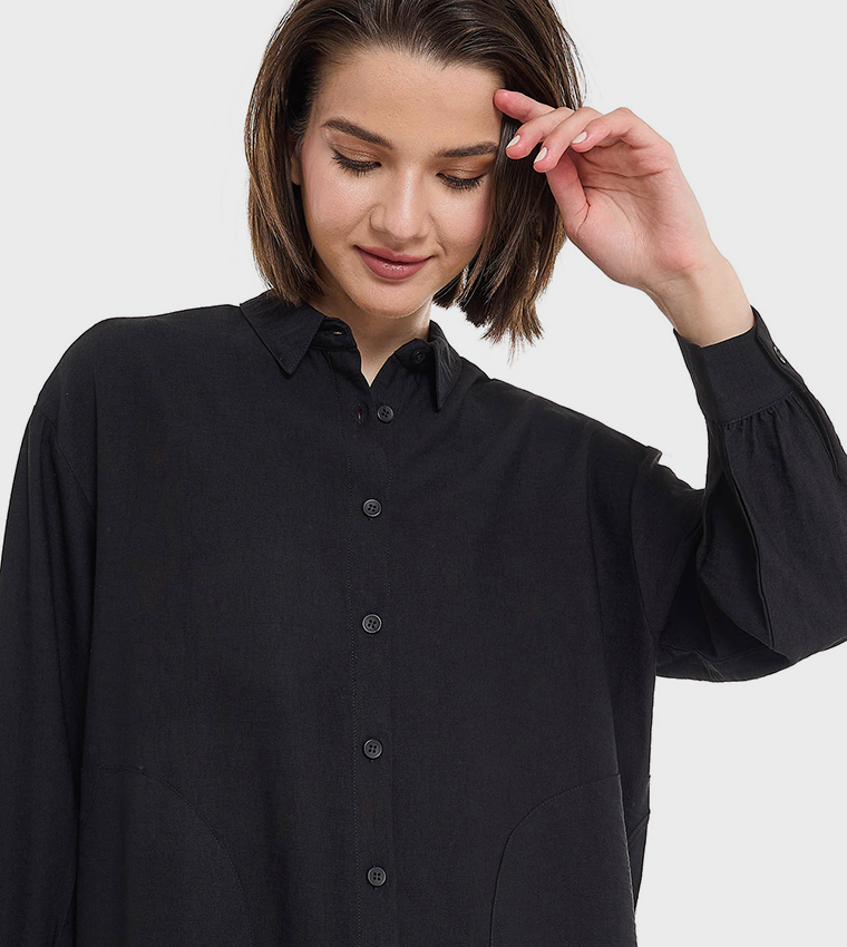 Crinkled Tunic with Classic Collar and Long Sleeves