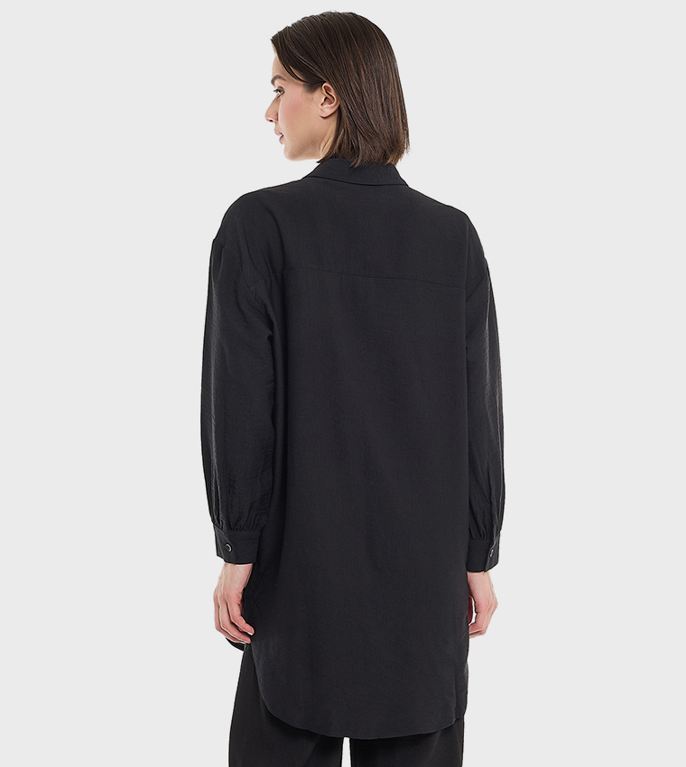 Crinkled Tunic with Classic Collar and Long Sleeves