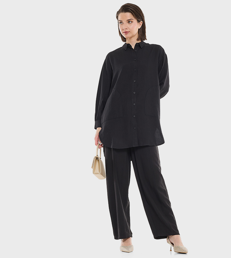 Crinkled Tunic with Classic Collar and Long Sleeves