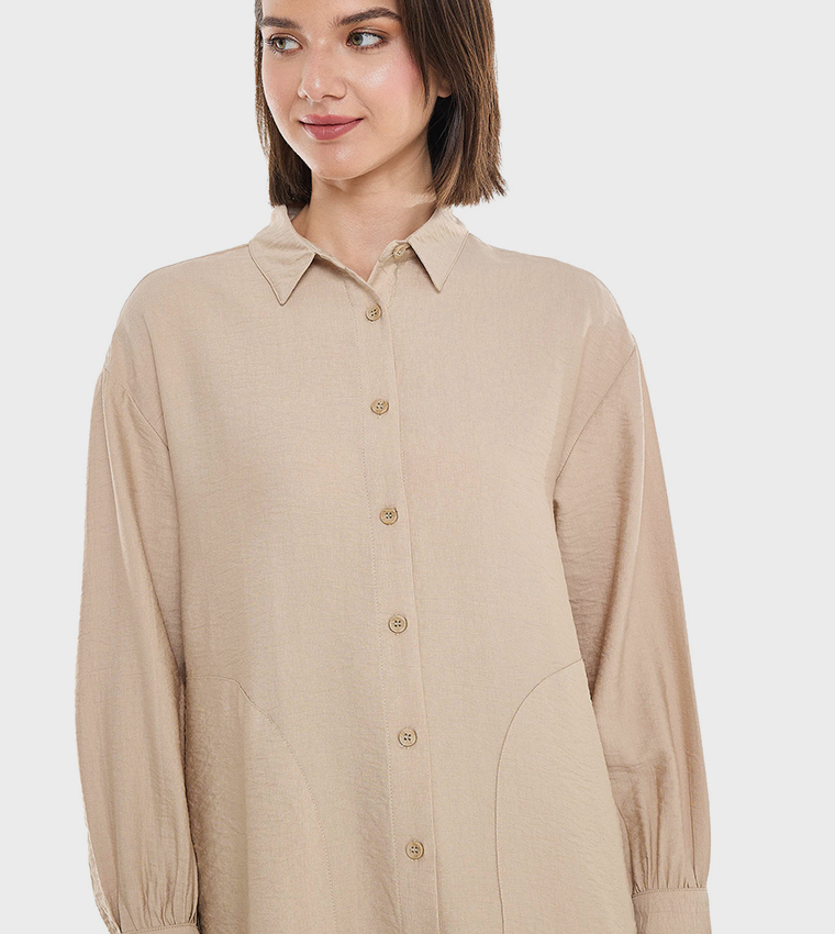 Crinkled Tunic with Classic Collar and Long Sleeves