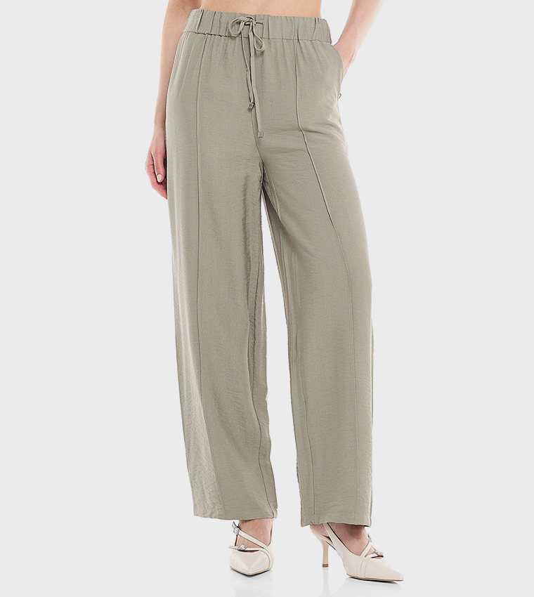 Solid Wide Leg Pants with Drawstring Closure