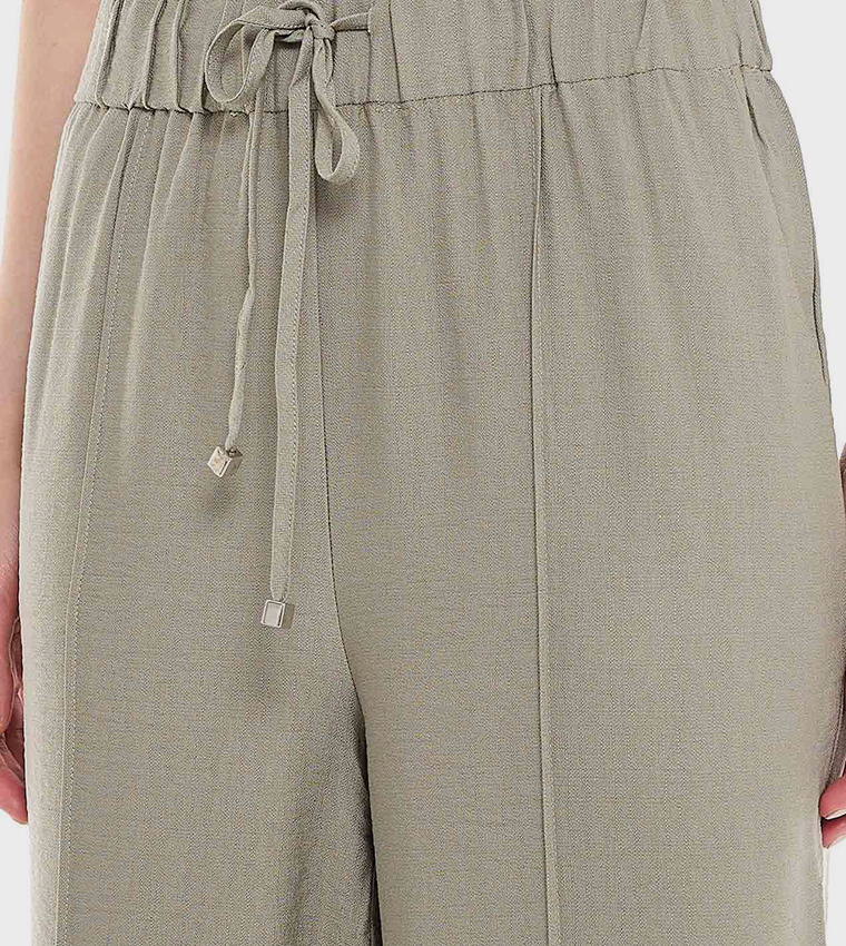 Solid Wide Leg Pants with Drawstring Closure