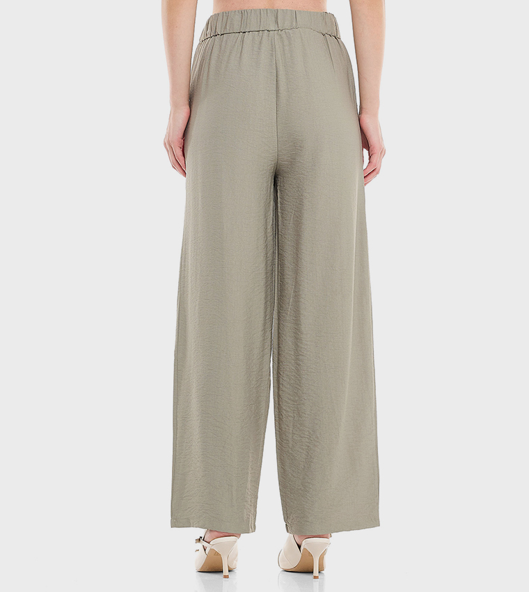 Solid Wide Leg Pants with Drawstring Closure