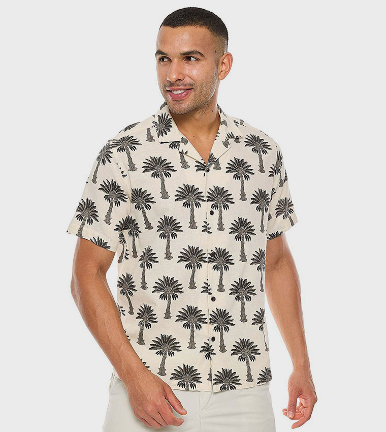 Printed Shirt with Revere Collar and Short Sleeves