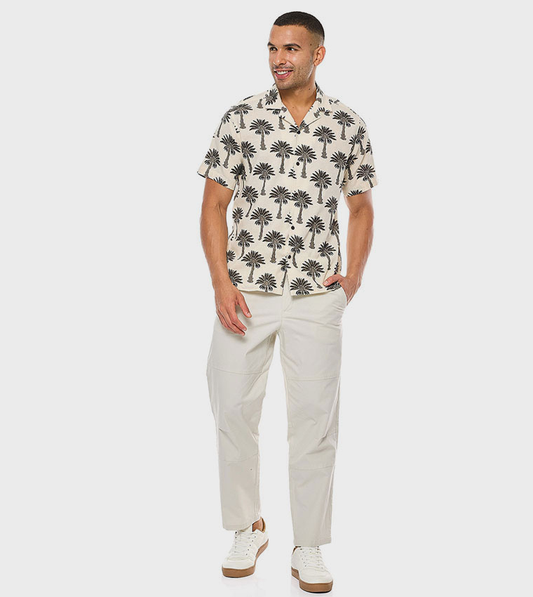 Printed Shirt with Revere Collar and Short Sleeves