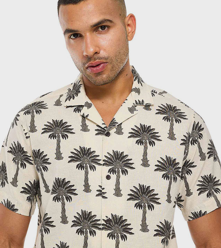 Printed Shirt with Revere Collar and Short Sleeves