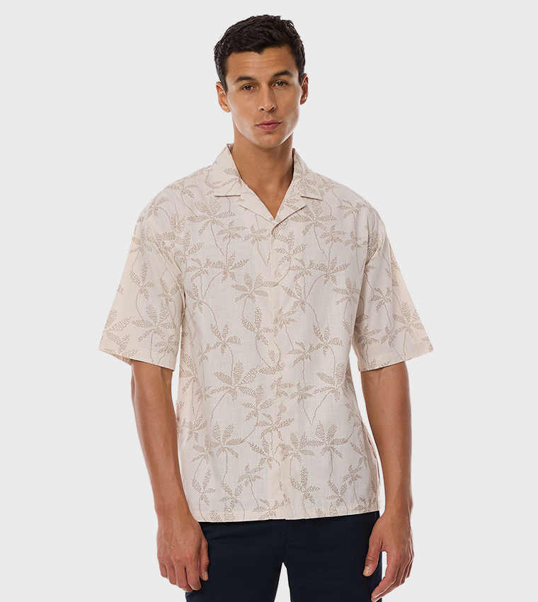 Printed Shirt with Revere Collar and Short Sleeves