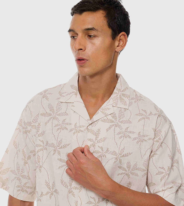 Printed Shirt with Revere Collar and Short Sleeves