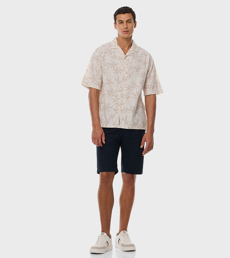 Printed Shirt with Revere Collar and Short Sleeves