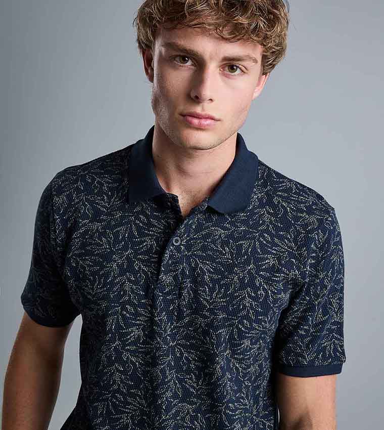 Patterned Polo T-Shirt with Shirt Collar and Short Sleeves