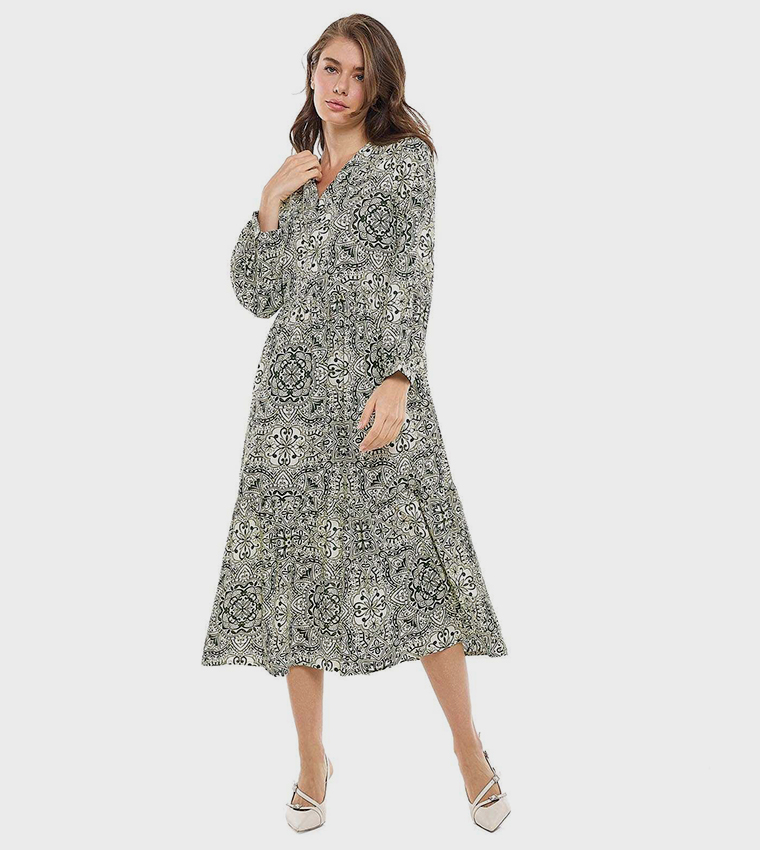 Patterned Midi Dress with V-Neck and Long Sleeves