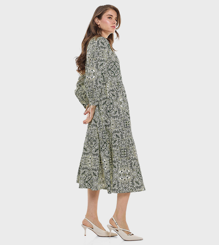 Patterned Midi Dress with V-Neck and Long Sleeves