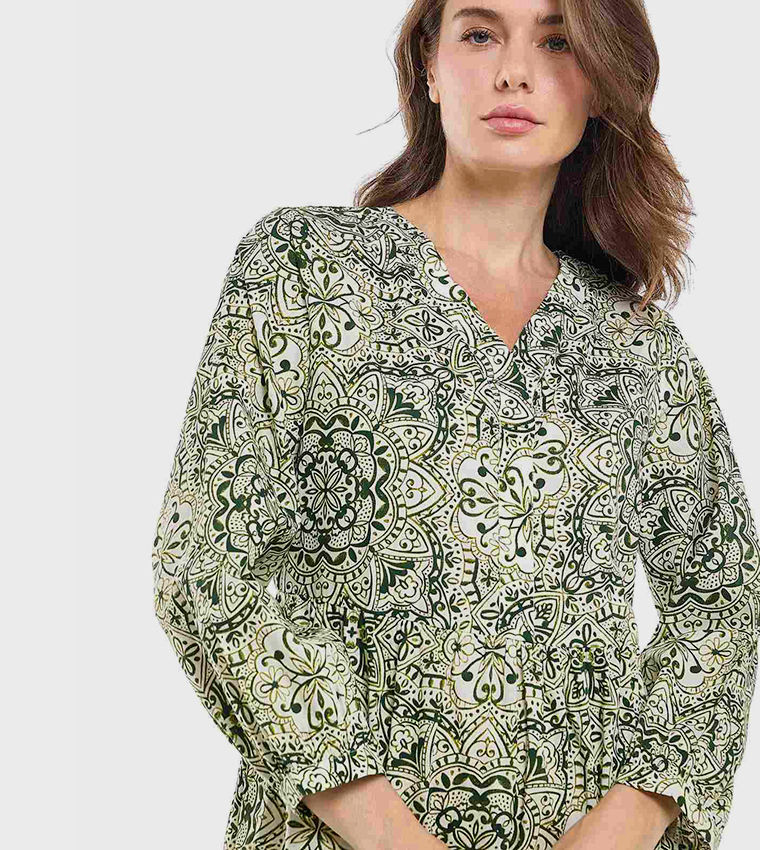 Patterned Midi Dress with V-Neck and Long Sleeves