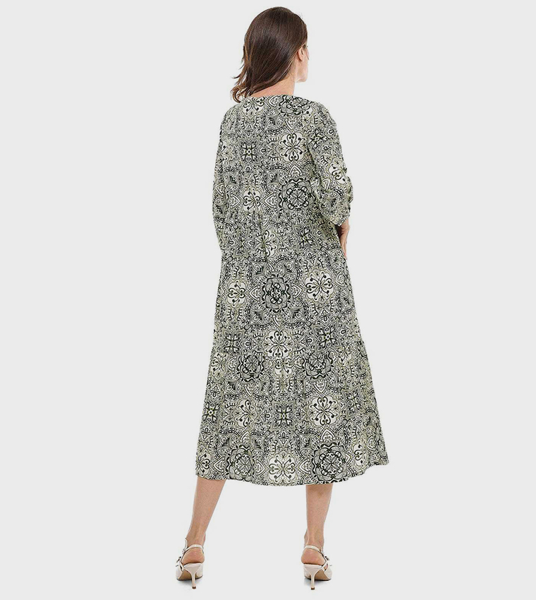 Patterned Midi Dress with V-Neck and Long Sleeves