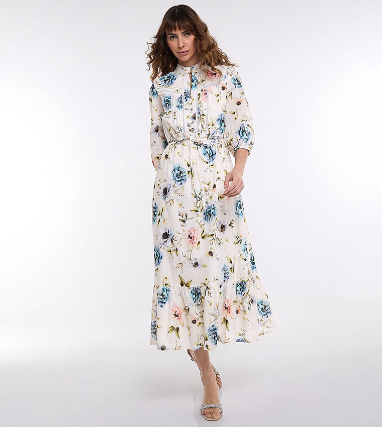 Floral Printed Dress with High Neck and 3/4 Sleeves