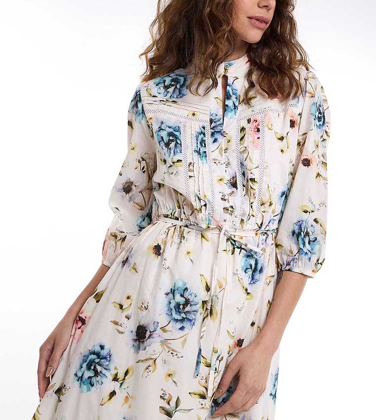 Floral Printed Dress with High Neck and 3/4 Sleeves