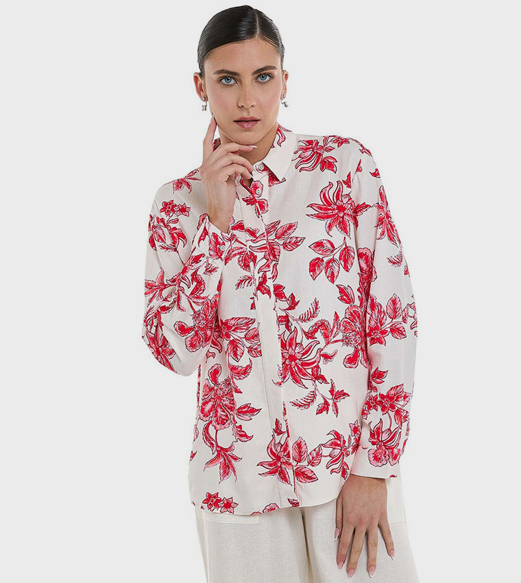 Floral Printed Shirt with Classic Collar and Long Sleeves