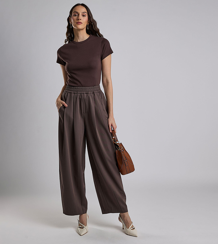 Solid Wide Leg Pants with Elastic Waist