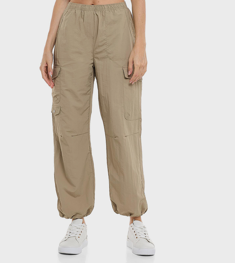 Solid Cargo Jogger Pants with Elastic Waist