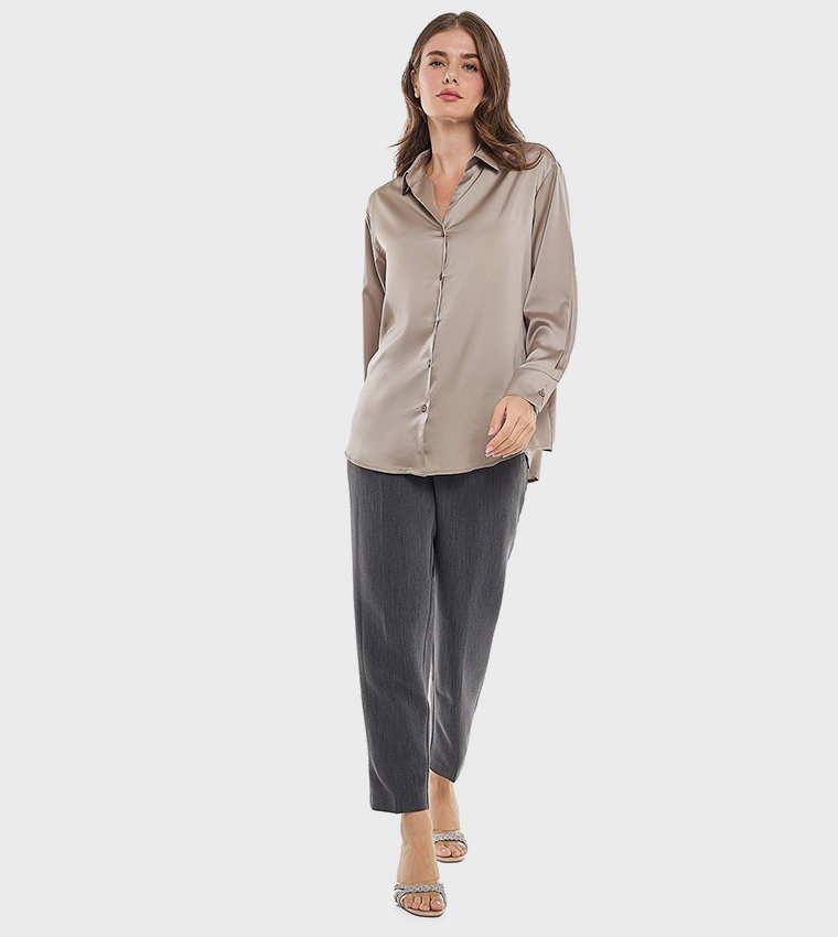 Solid Shirt with Classic Collar and Long Sleeves