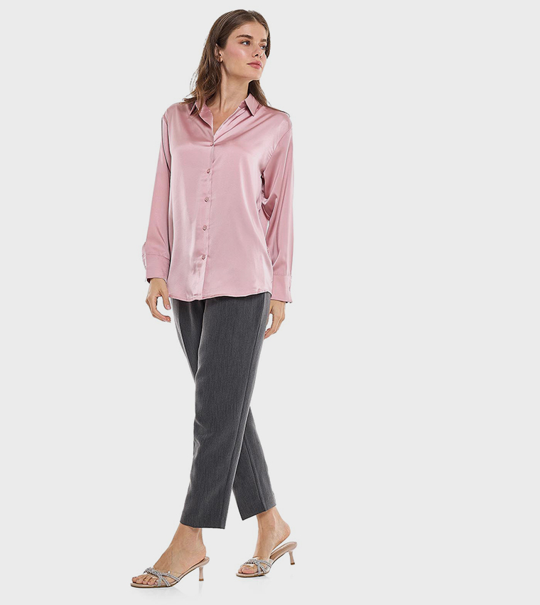 Solid Shirt with Classic Collar and Long Sleeves