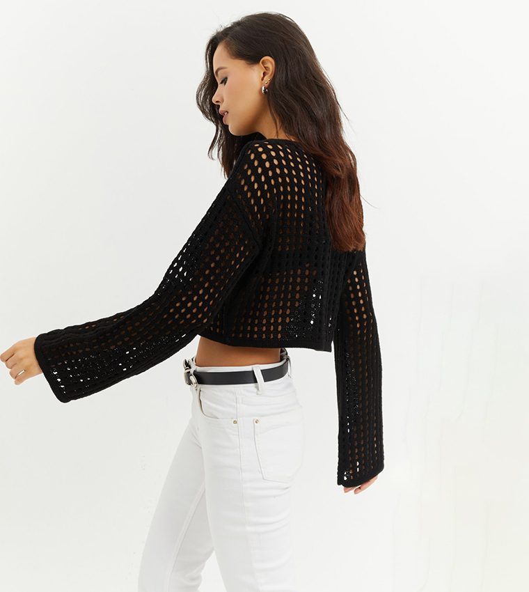 Openwork Flared Sleeves Top