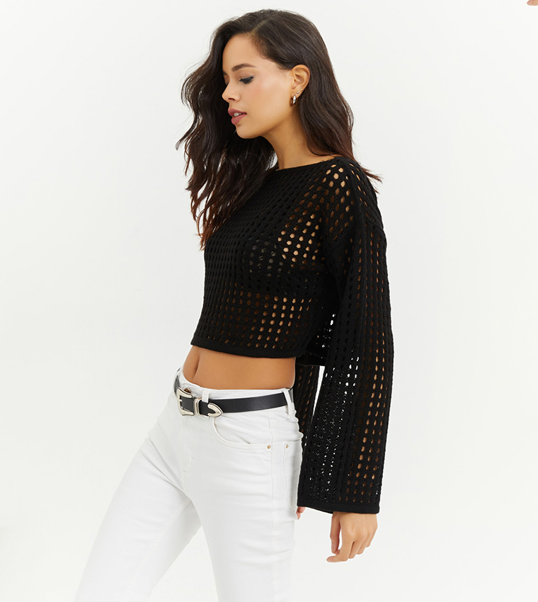 Openwork Flared Sleeves Top