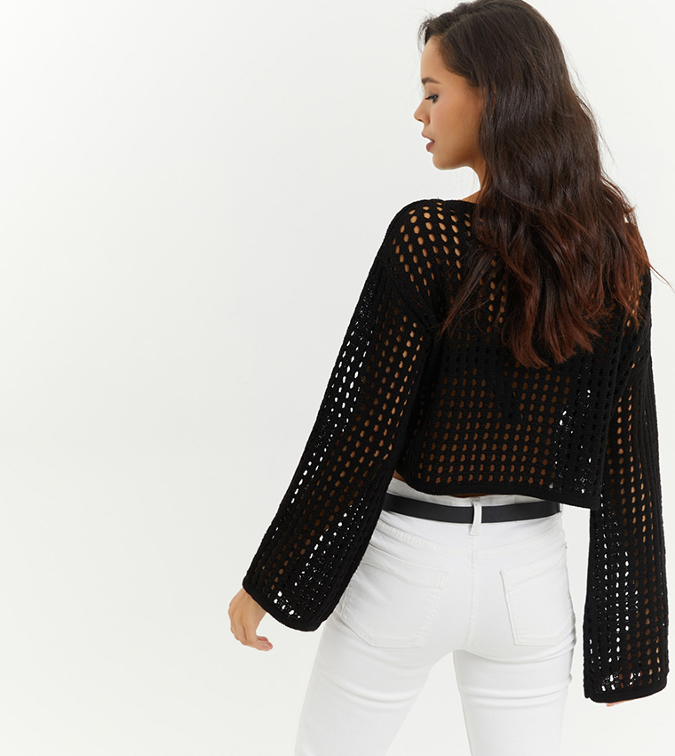 Openwork Flared Sleeves Top